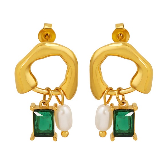 Jewelry - 18kt Gold Plated Baroque Pearl and Green Rhinestone Statement Eadrings
